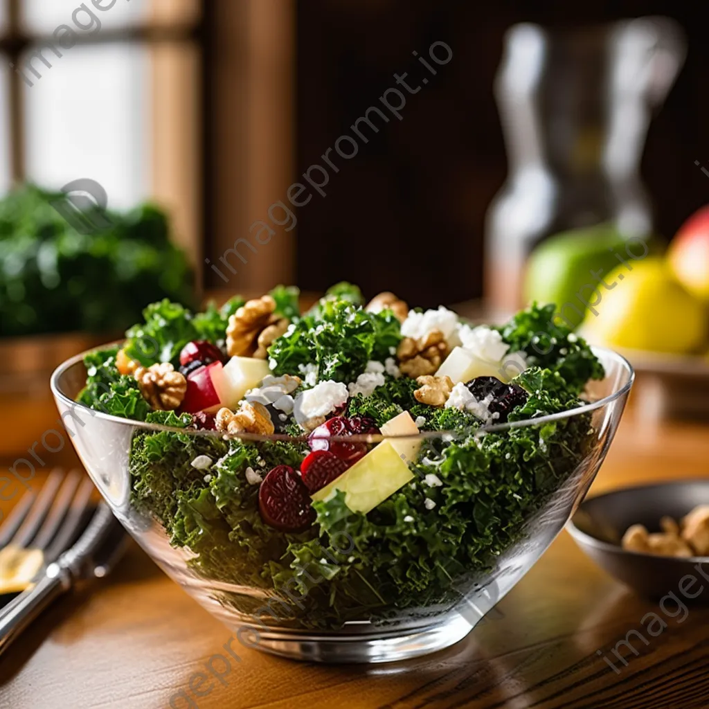 A fresh kale salad with walnuts, cranberries, and feta in a clear bowl on a wooden table. - Image 4