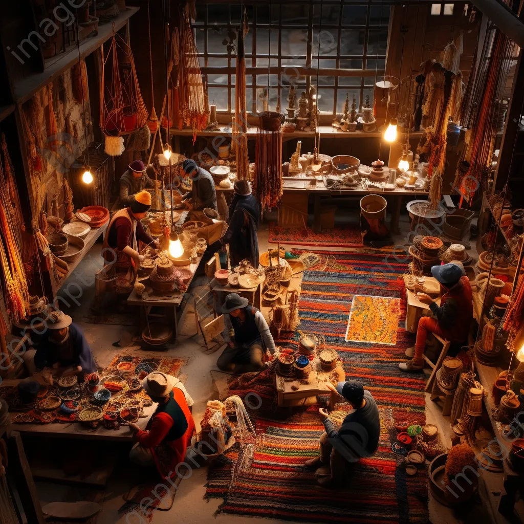 Artisans weaving rugs in a colorful workshop. - Image 1