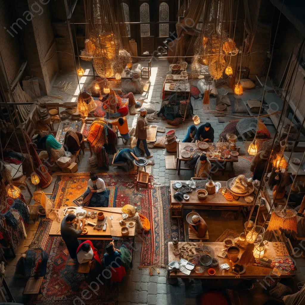 Artisans weaving rugs in a colorful workshop. - Image 2