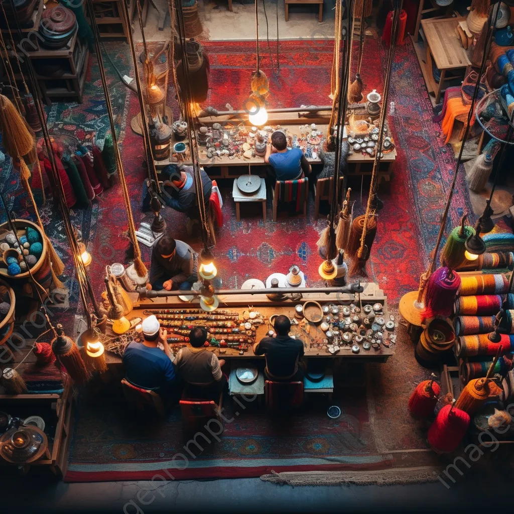 Artisans weaving rugs in a colorful workshop. - Image 3