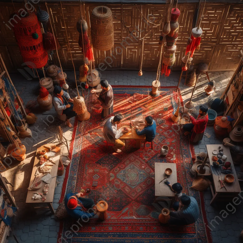 Artisans weaving rugs in a colorful workshop. - Image 4