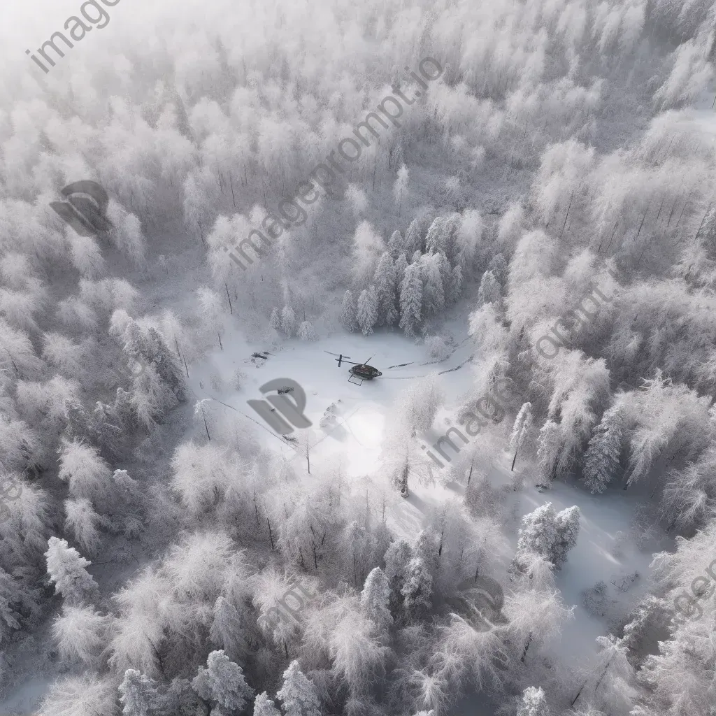 Snowy forest aerial view with helicopters on rescue mission, winter scene - Image 1