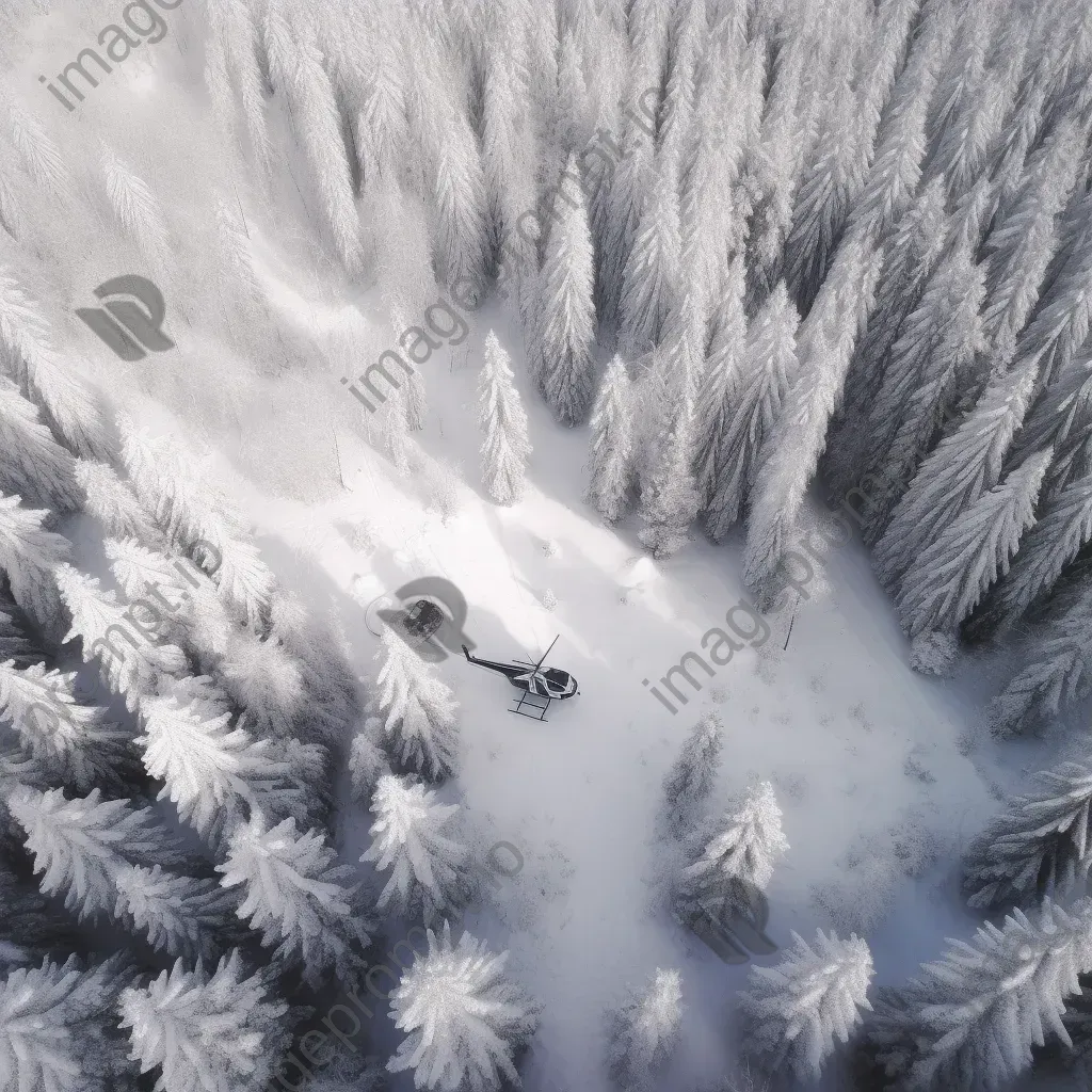 Snowy forest aerial view with helicopters on rescue mission, winter scene - Image 3