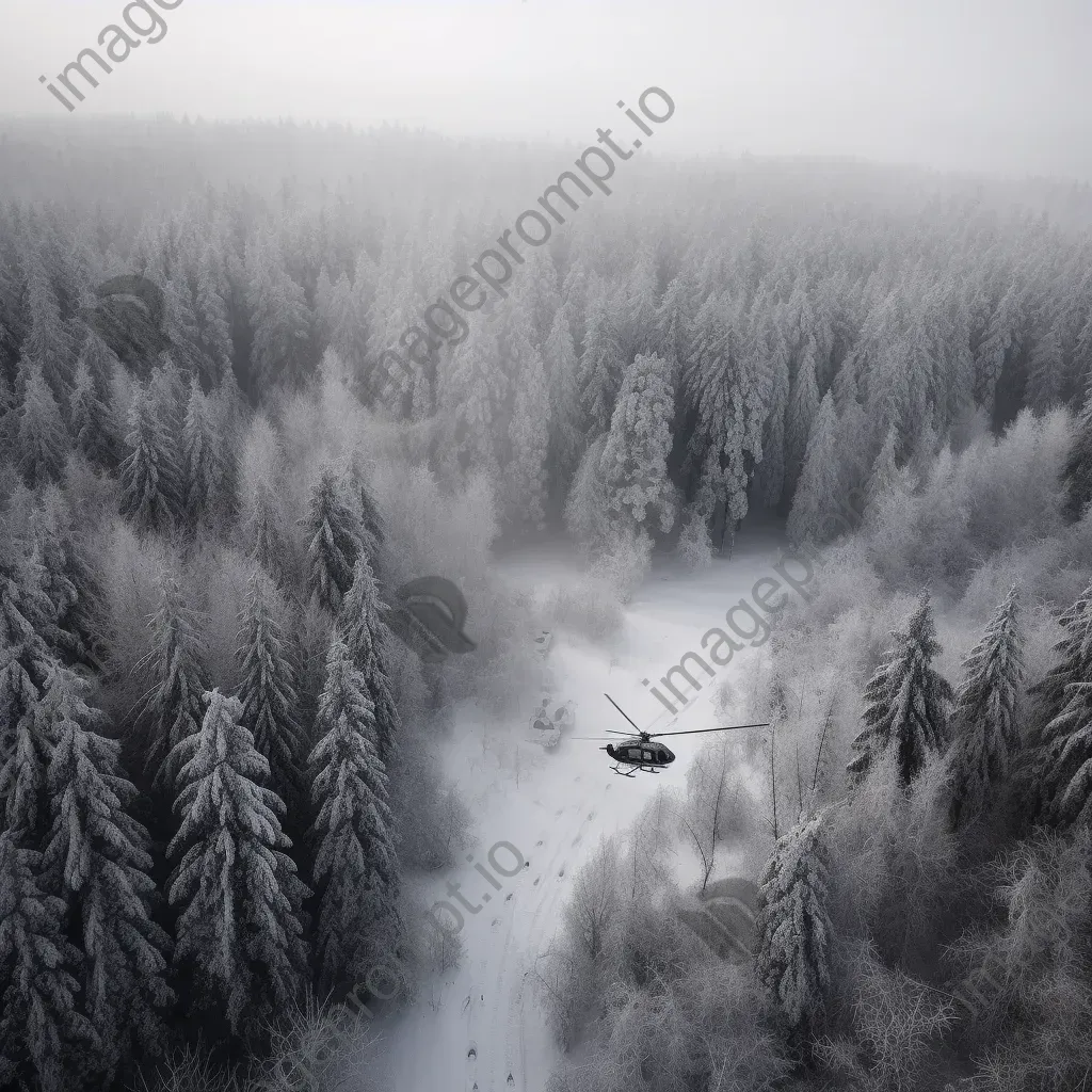 Snowy forest aerial view with helicopters on rescue mission, winter scene - Image 4