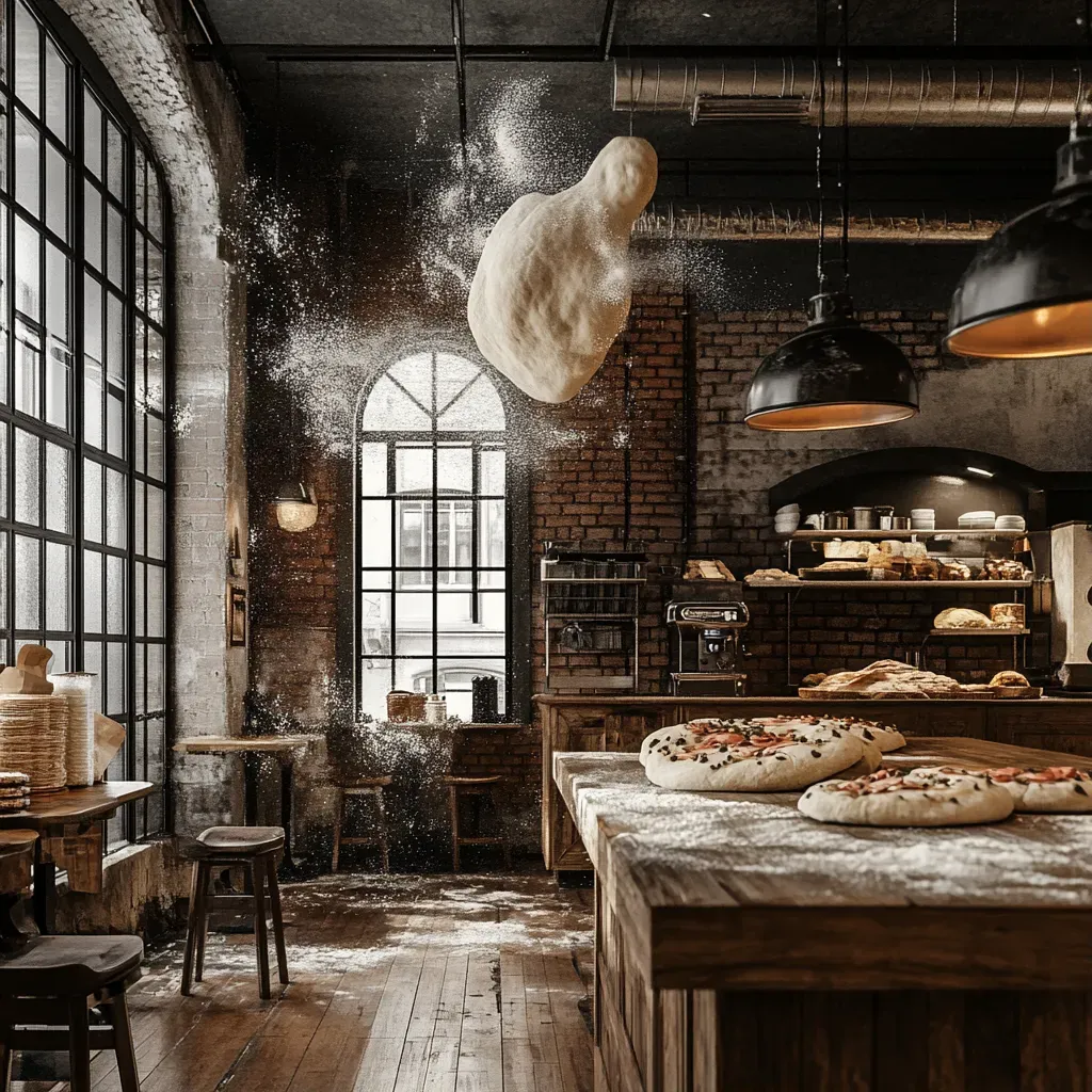 Italian pizzeria scene with rustic details and pizza dough flung in the air - Image 1