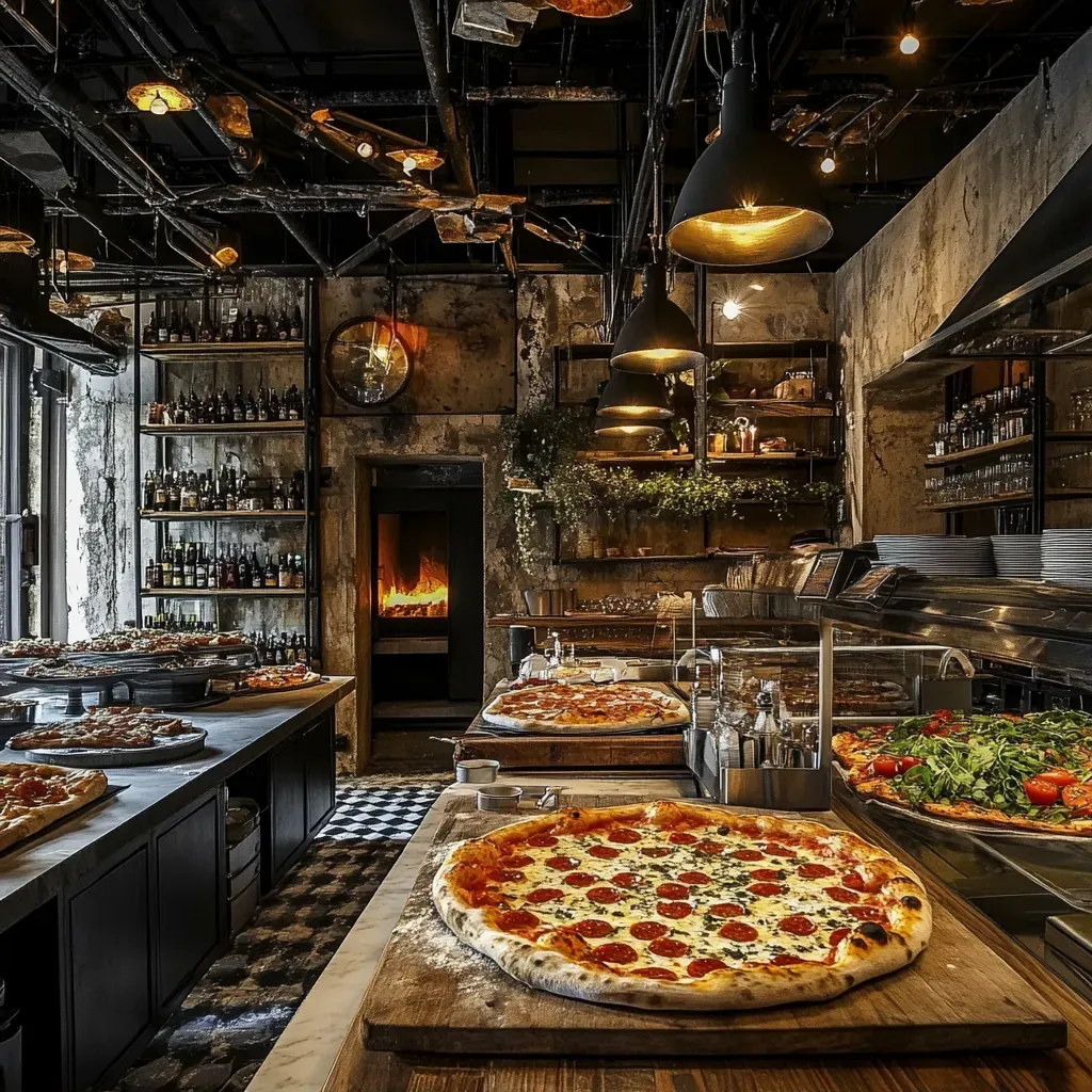 Italian pizzeria scene with rustic details and pizza dough flung in the air - Image 2