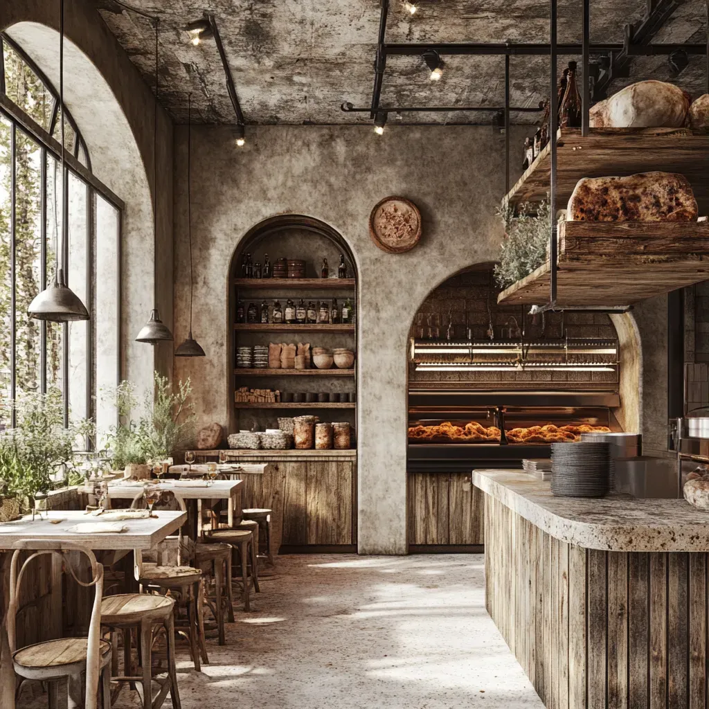 Italian pizzeria scene with rustic details and pizza dough flung in the air - Image 3