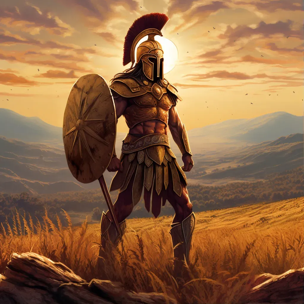 Image of Spartan warrior on hilltop with vast army under morning sun - Image 1