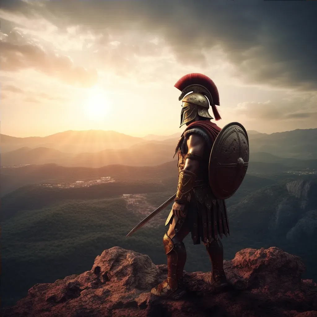 Image of Spartan warrior on hilltop with vast army under morning sun - Image 4