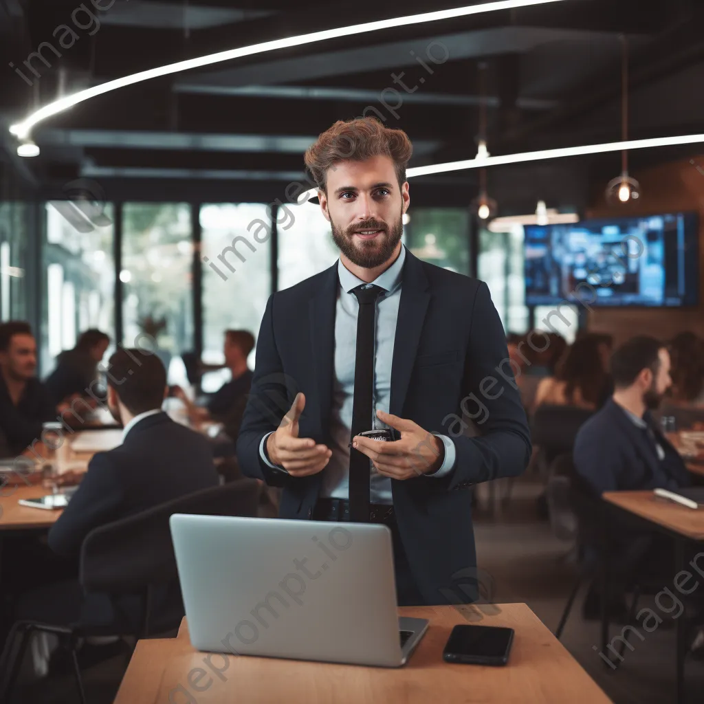 Young professional engaging in a virtual conference via laptop. - Image 1