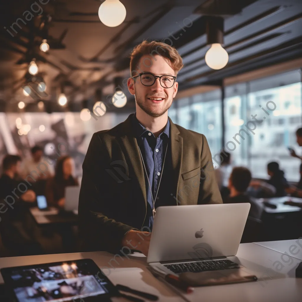 Young professional engaging in a virtual conference via laptop. - Image 3