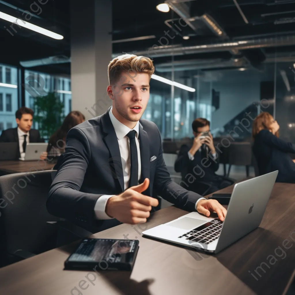 Young professional engaging in a virtual conference via laptop. - Image 4