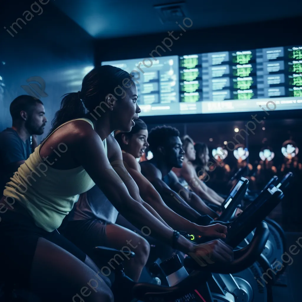 Group of cyclists in a spin class with colorful lights and energetic vibes. - Image 1