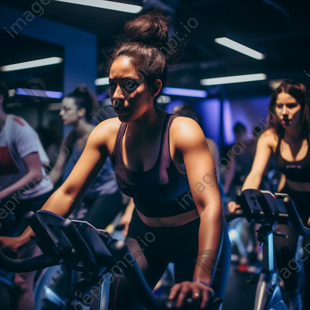 Group of cyclists in a spin class with colorful lights and energetic vibes. - Image 2