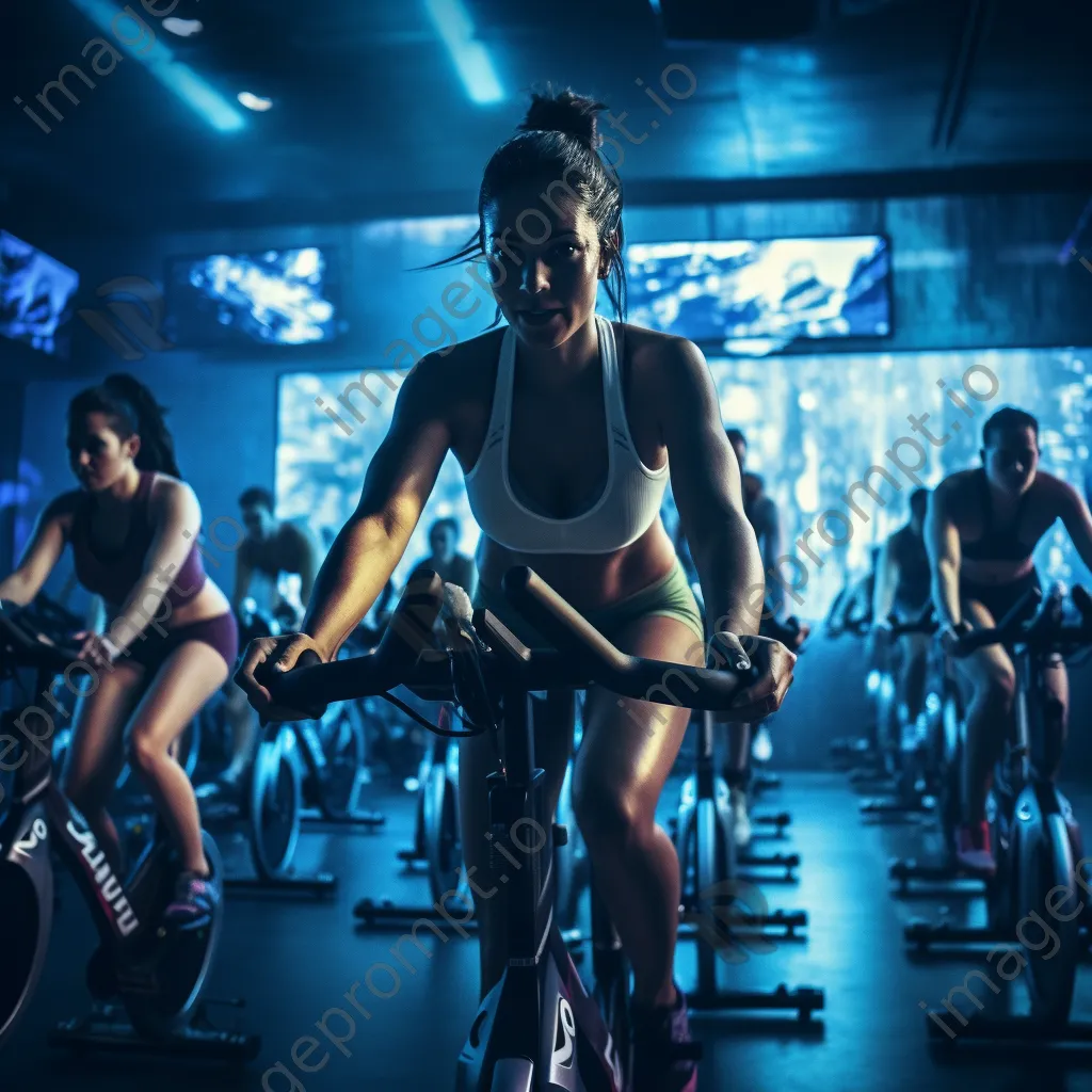 Group of cyclists in a spin class with colorful lights and energetic vibes. - Image 3