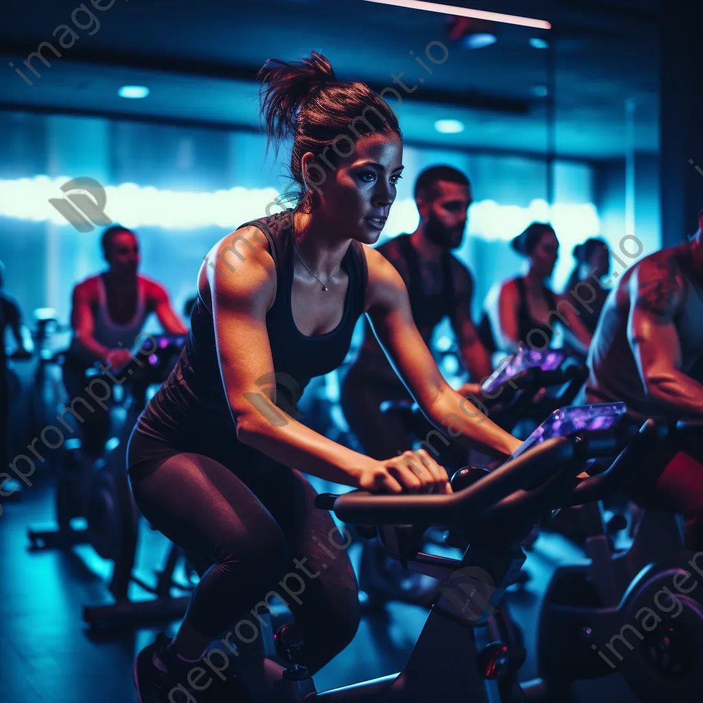 Group of cyclists in a spin class with colorful lights and energetic vibes. - Image 4