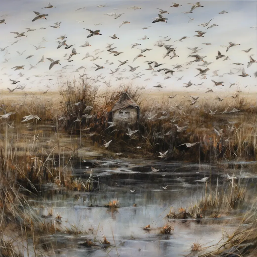 Scenic image of birds taking flight in a wild marshland - Image 1