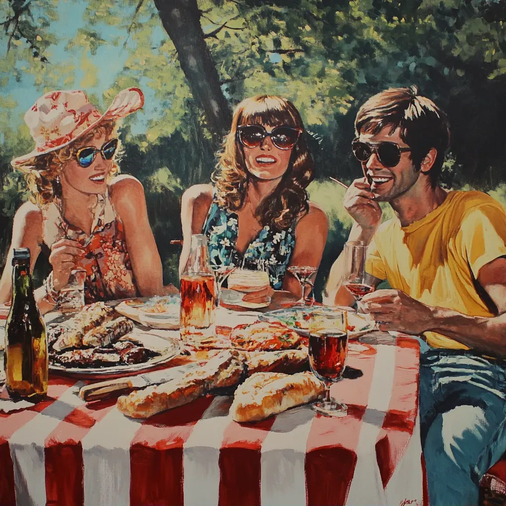 Acrylic painting of a festive 1970s family BBQ party - Image 1