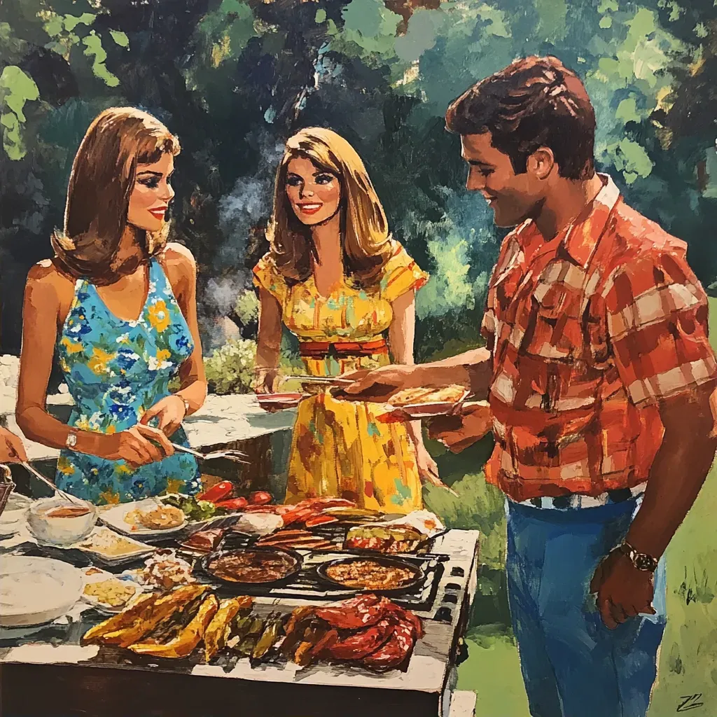 Acrylic painting of a festive 1970s family BBQ party - Image 2