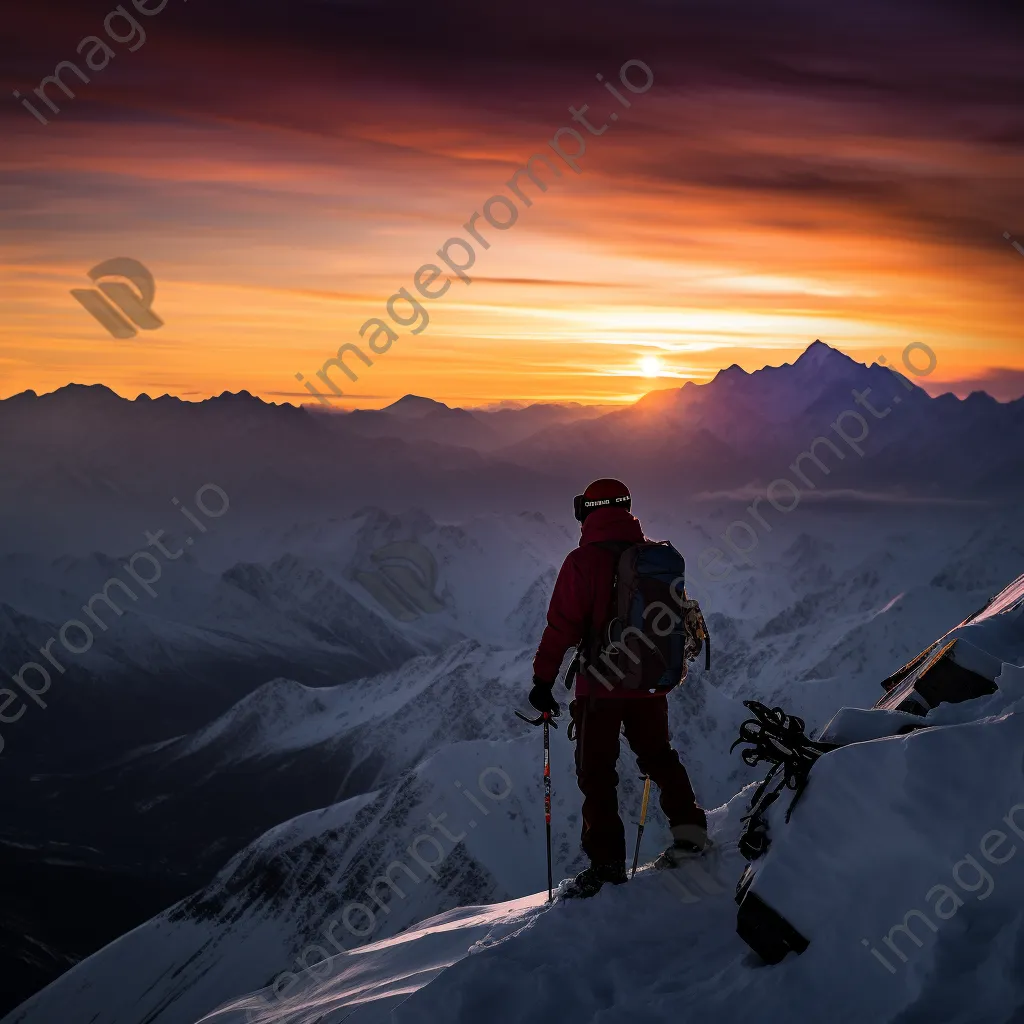 Snowboarder silhouetted against a colorful sunset on the mountain - Image 1