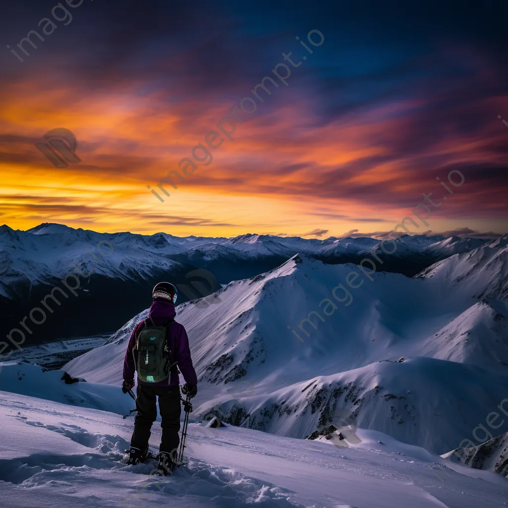 Snowboarder silhouetted against a colorful sunset on the mountain - Image 2