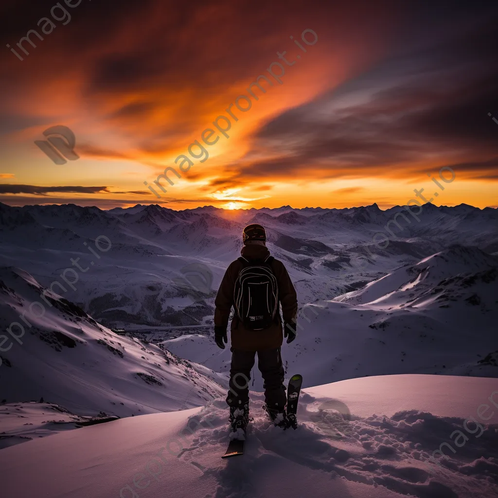 Snowboarder silhouetted against a colorful sunset on the mountain - Image 4