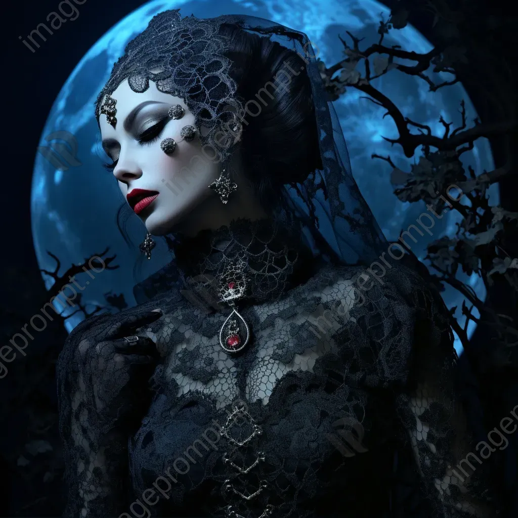 Gothic-style vampire adorned with lace-patterned body paint under a spectral moonlight - Image 1