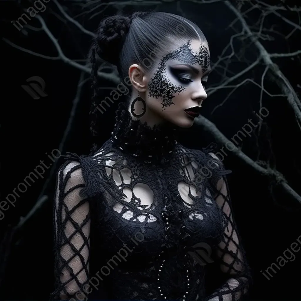 Gothic-style vampire adorned with lace-patterned body paint under a spectral moonlight - Image 2