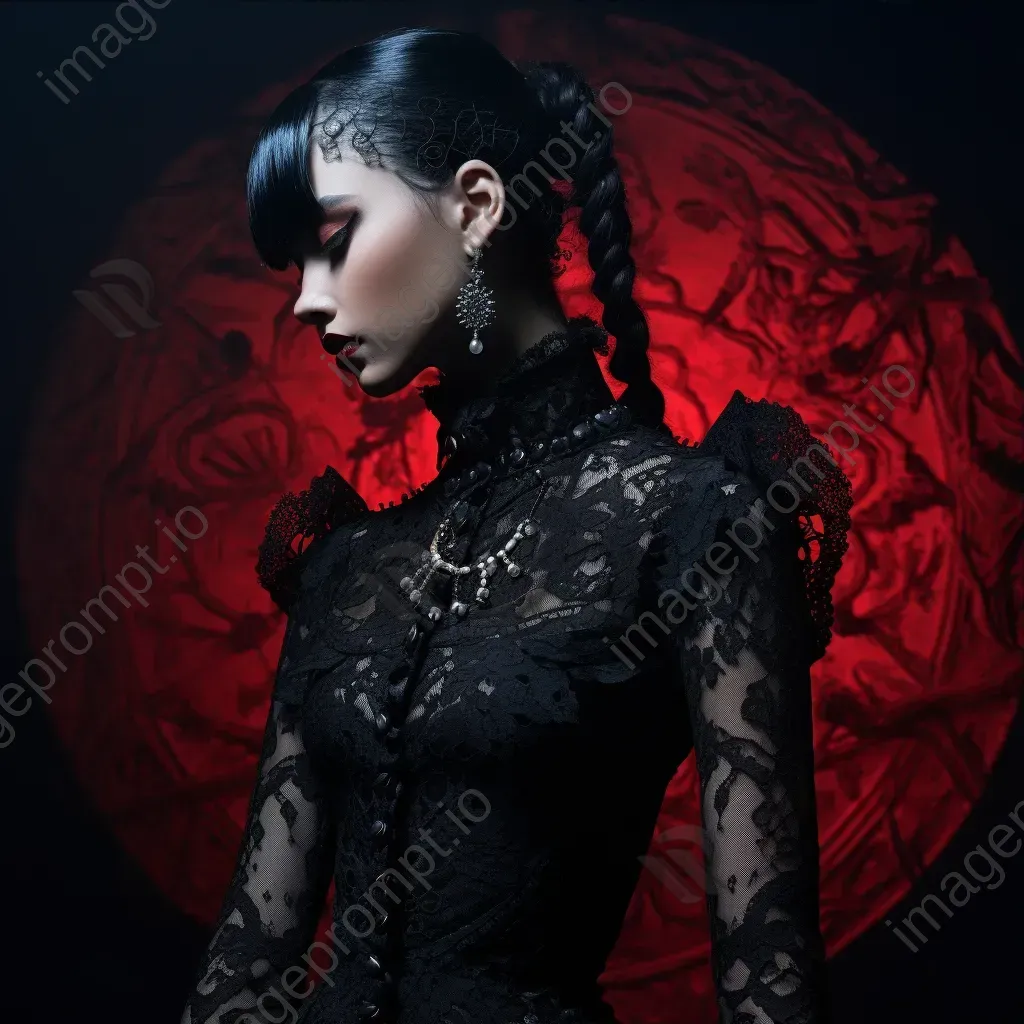 Gothic-style vampire adorned with lace-patterned body paint under a spectral moonlight - Image 3