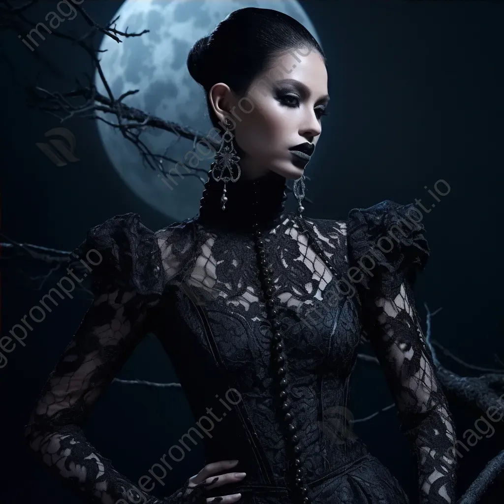 Gothic-style vampire adorned with lace-patterned body paint under a spectral moonlight - Image 4