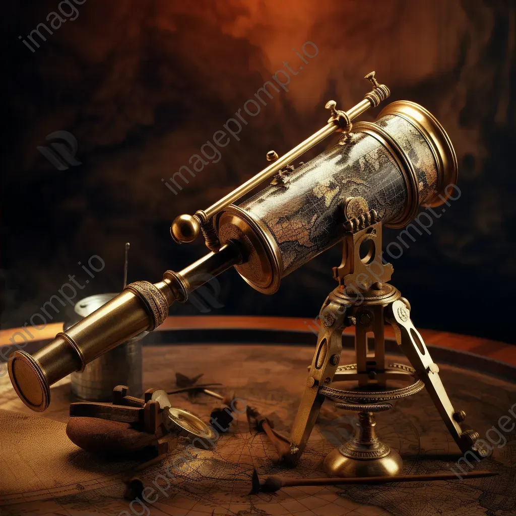 Vintage brass telescope on ancient globe, old parchment scrolls - Image 2