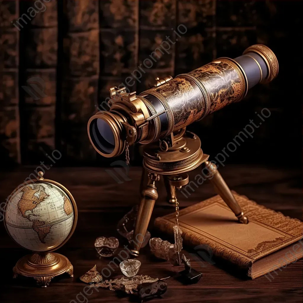 Vintage brass telescope on ancient globe, old parchment scrolls - Image 3