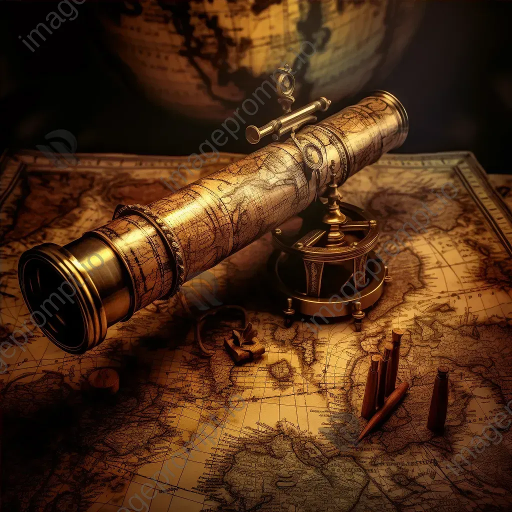 Vintage brass telescope on ancient globe, old parchment scrolls - Image 4