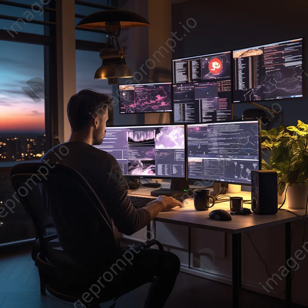 Software developer working collaboratively on multiple monitors in a modern office setting. - Image 2