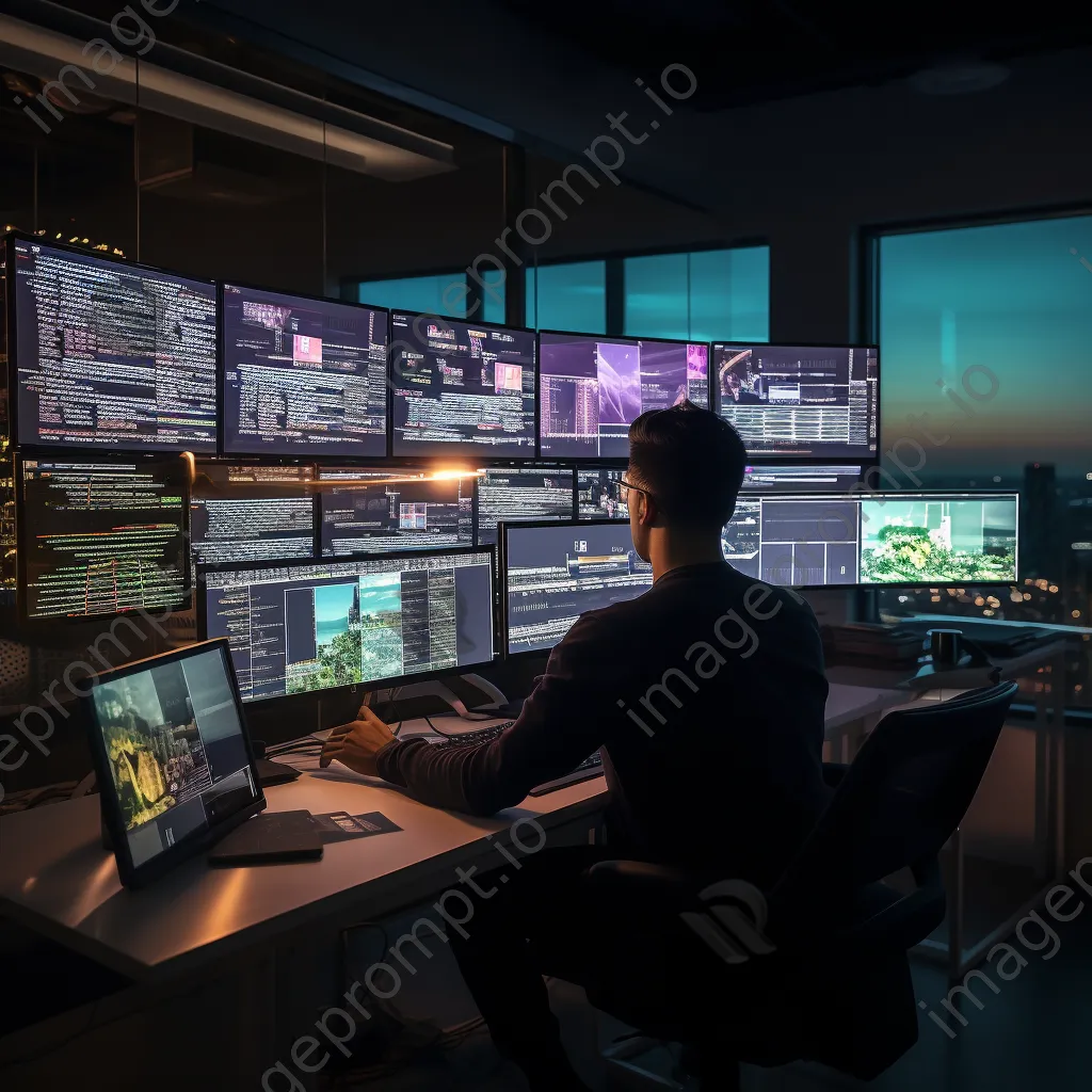 Software developer working collaboratively on multiple monitors in a modern office setting. - Image 3