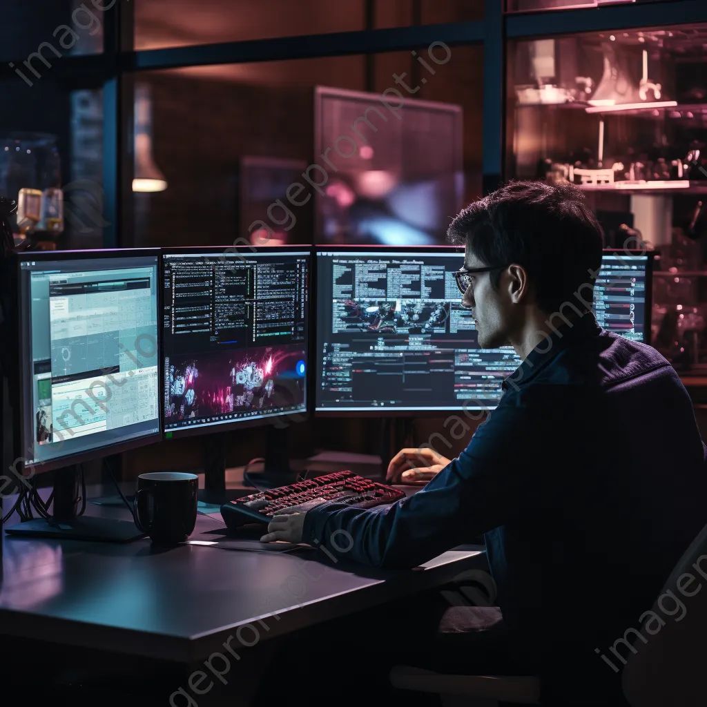 Software developer working collaboratively on multiple monitors in a modern office setting. - Image 4