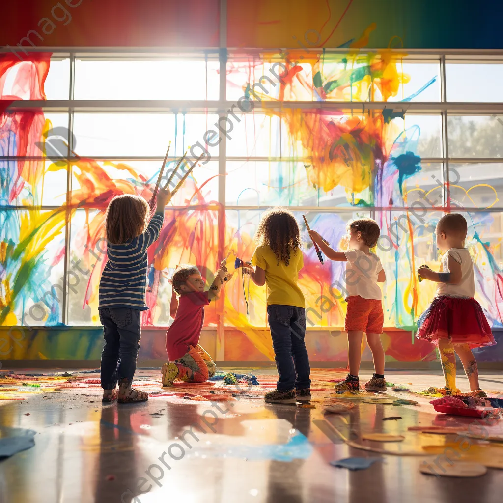 Preschoolers painting a large mural in a bright classroom - Image 1