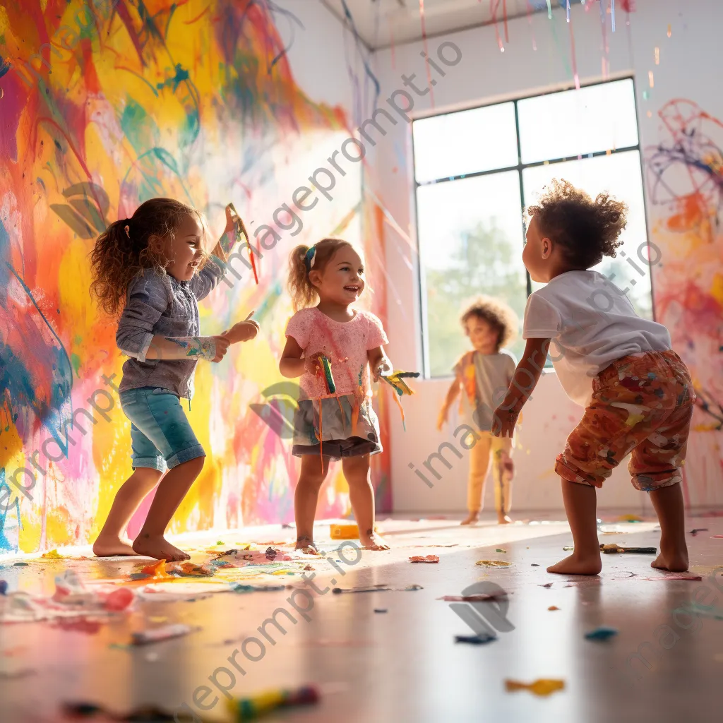 Preschoolers painting a large mural in a bright classroom - Image 2