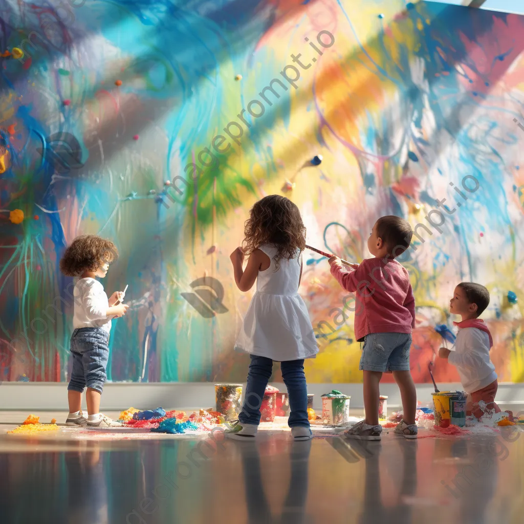 Preschoolers painting a large mural in a bright classroom - Image 3