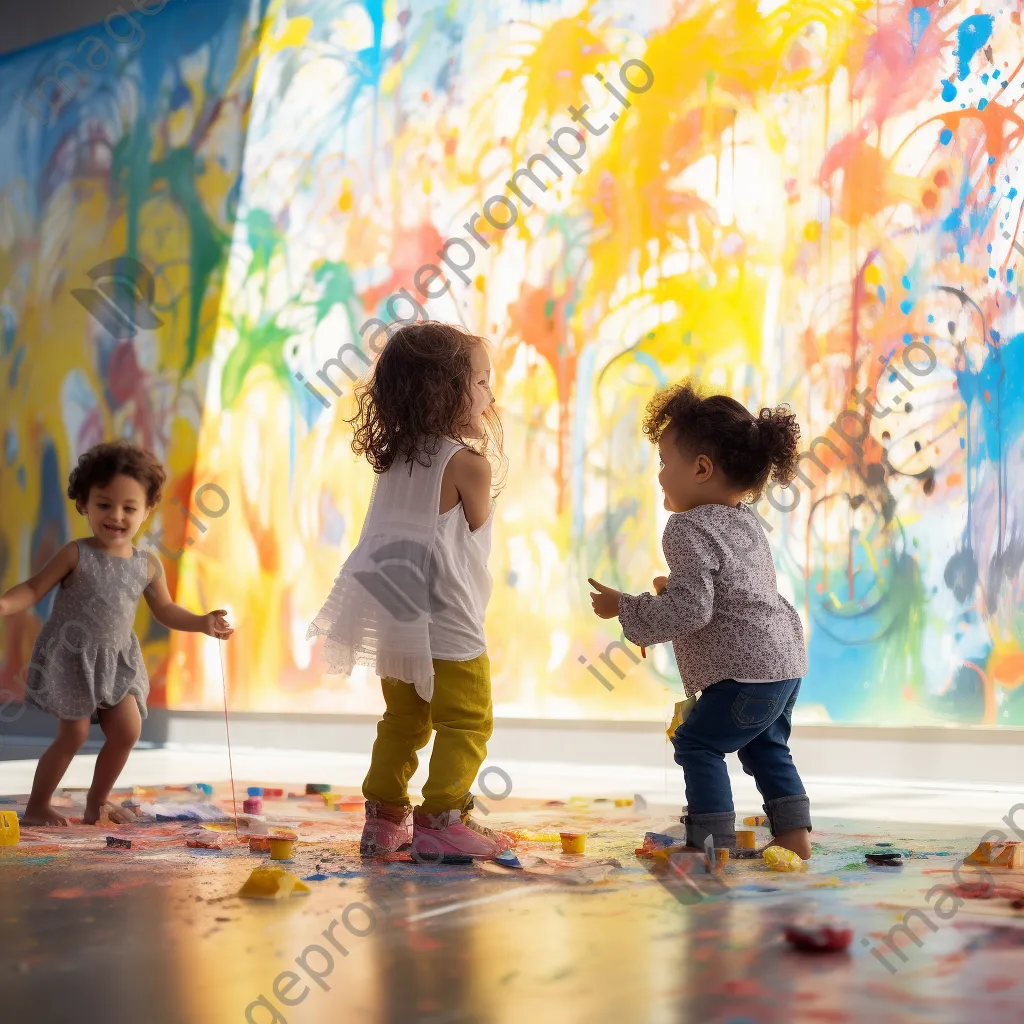 Preschoolers painting a large mural in a bright classroom - Image 4