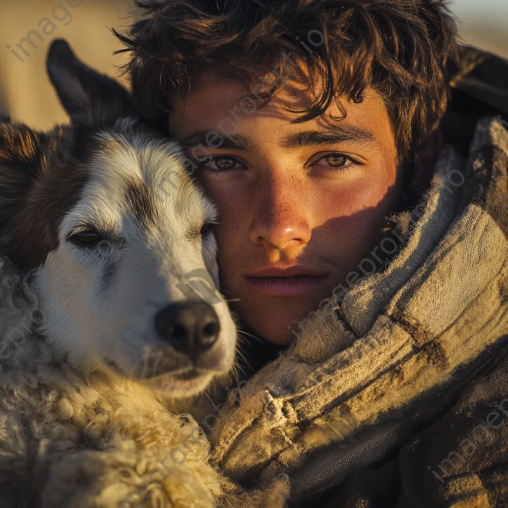 Portrait of a young shepherd with a sheepdog in soft morning sunlight - Image 1