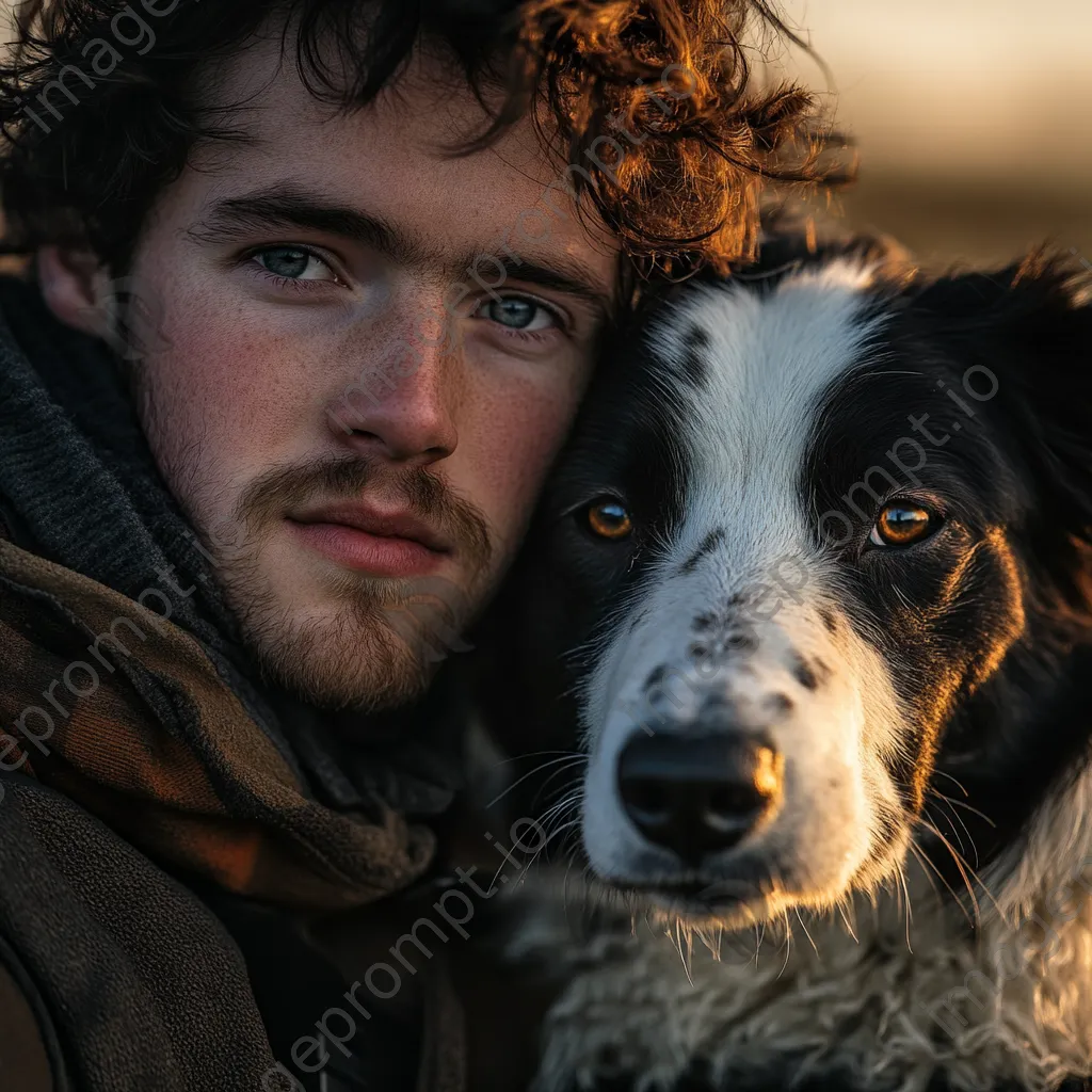 Portrait of a young shepherd with a sheepdog in soft morning sunlight - Image 2