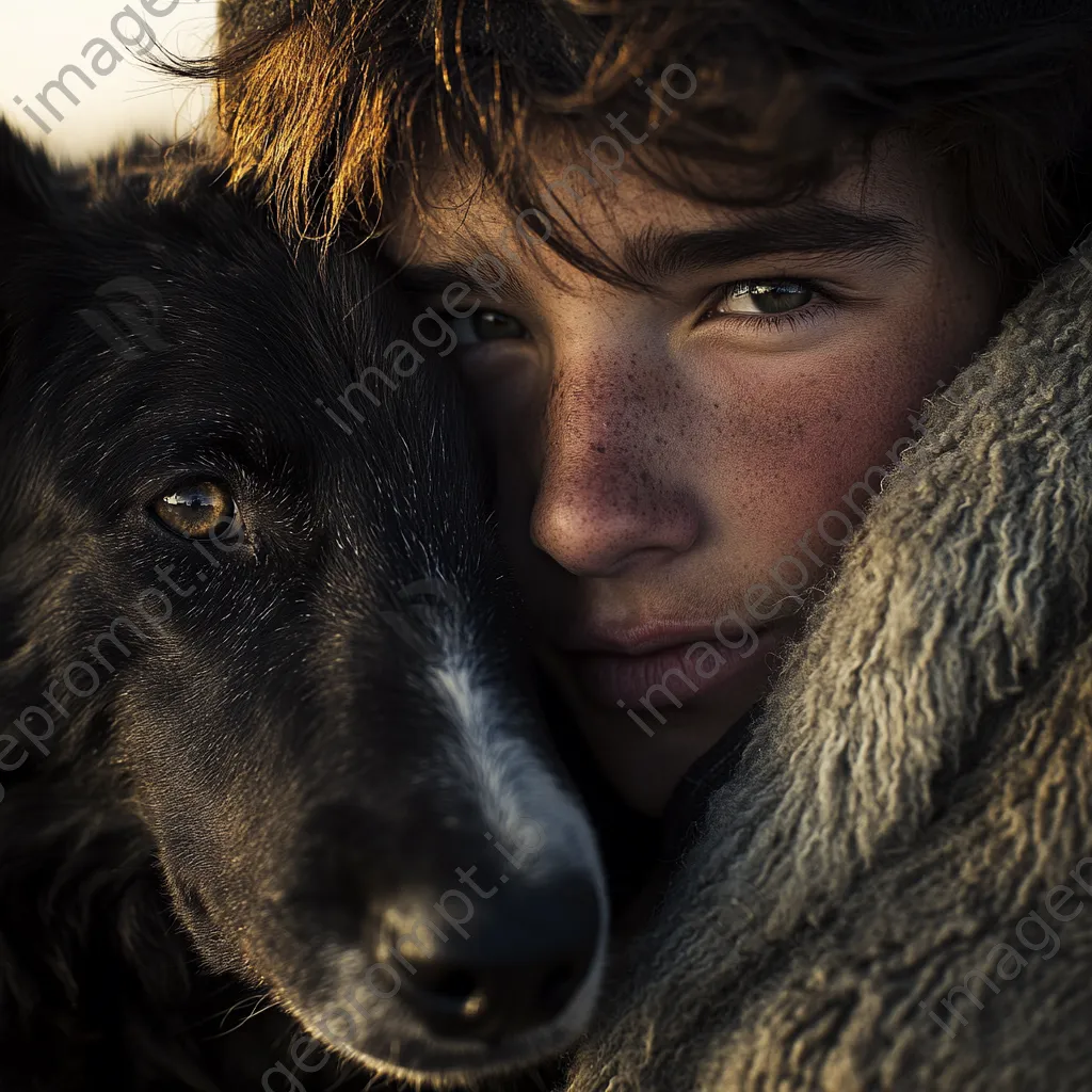 Portrait of a young shepherd with a sheepdog in soft morning sunlight - Image 3