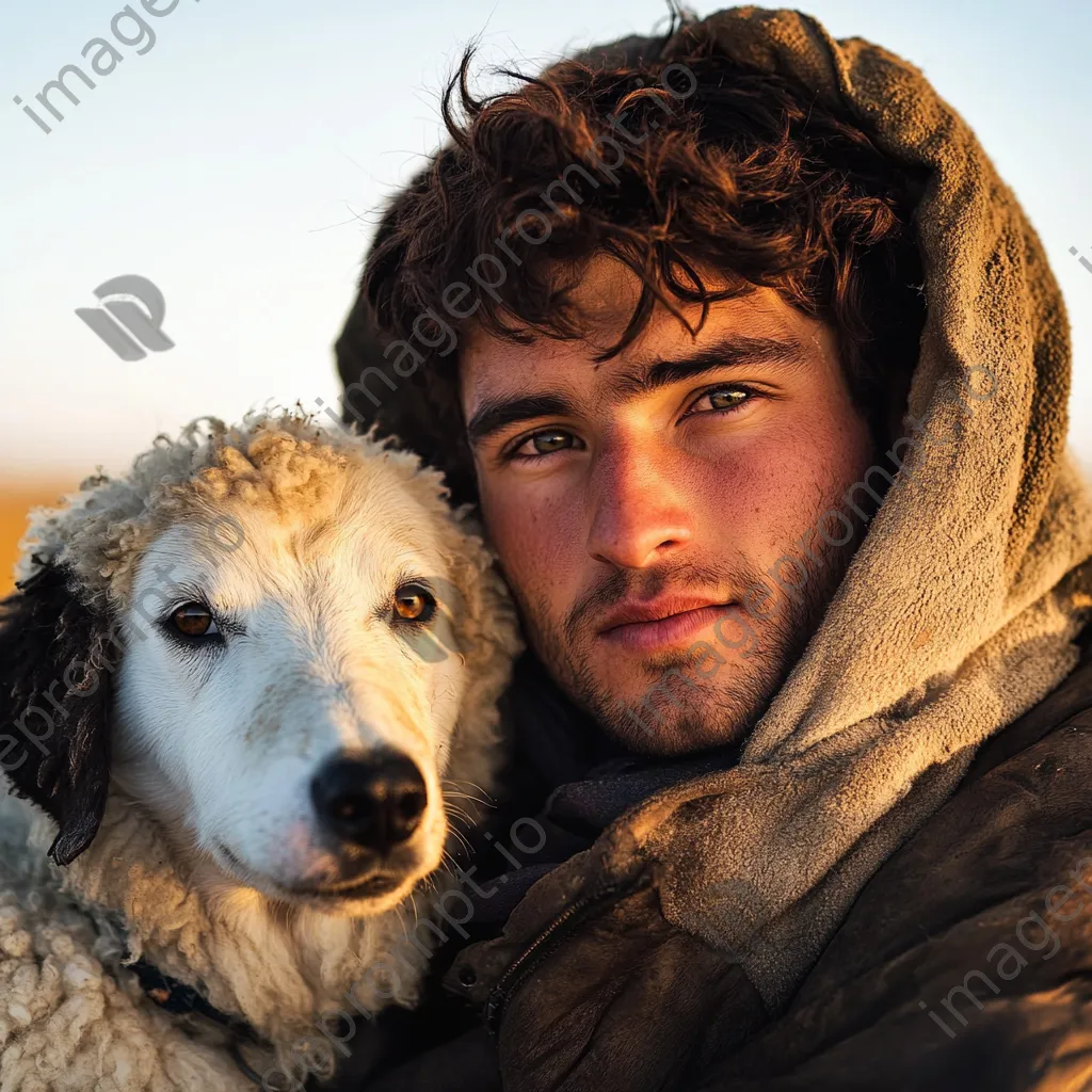 Portrait of a young shepherd with a sheepdog in soft morning sunlight - Image 4