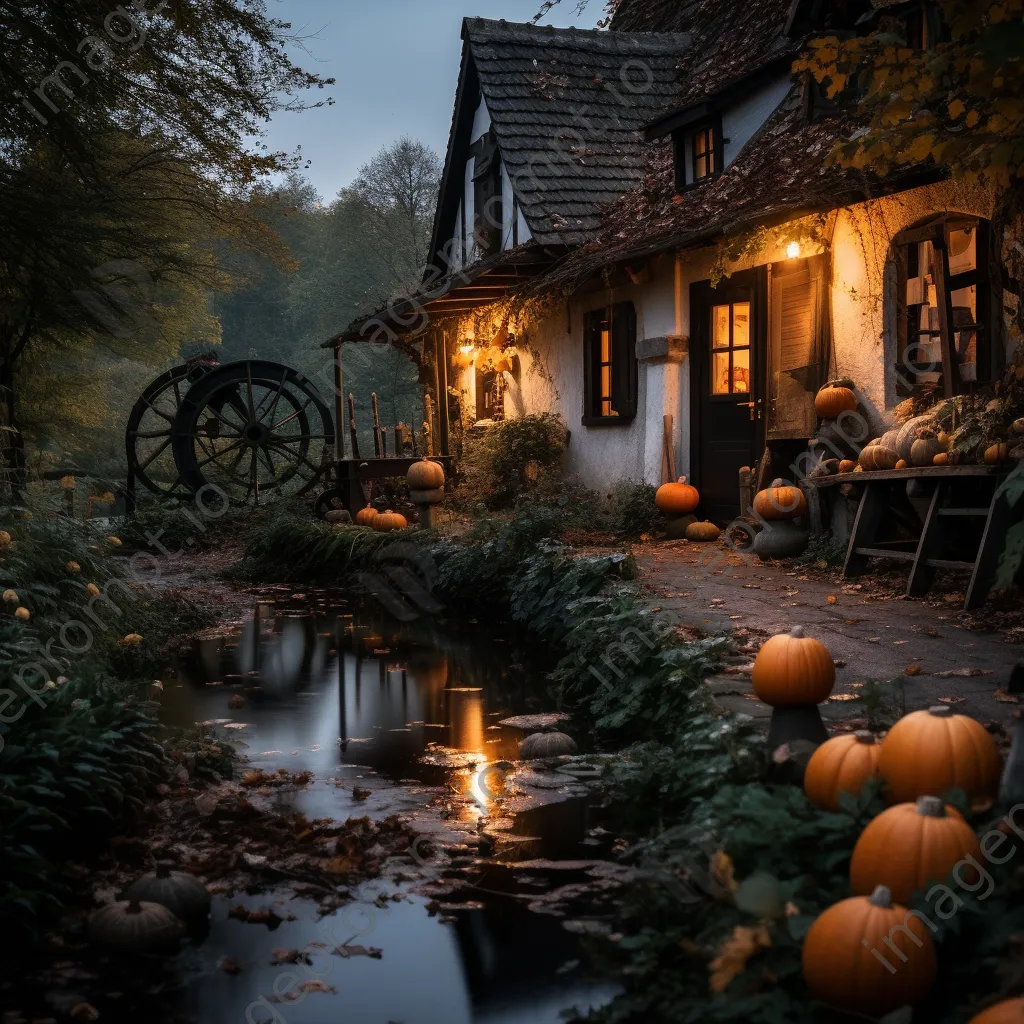 Watermill with pumpkins at sunset - Image 1