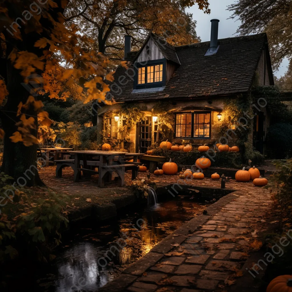 Watermill with pumpkins at sunset - Image 2