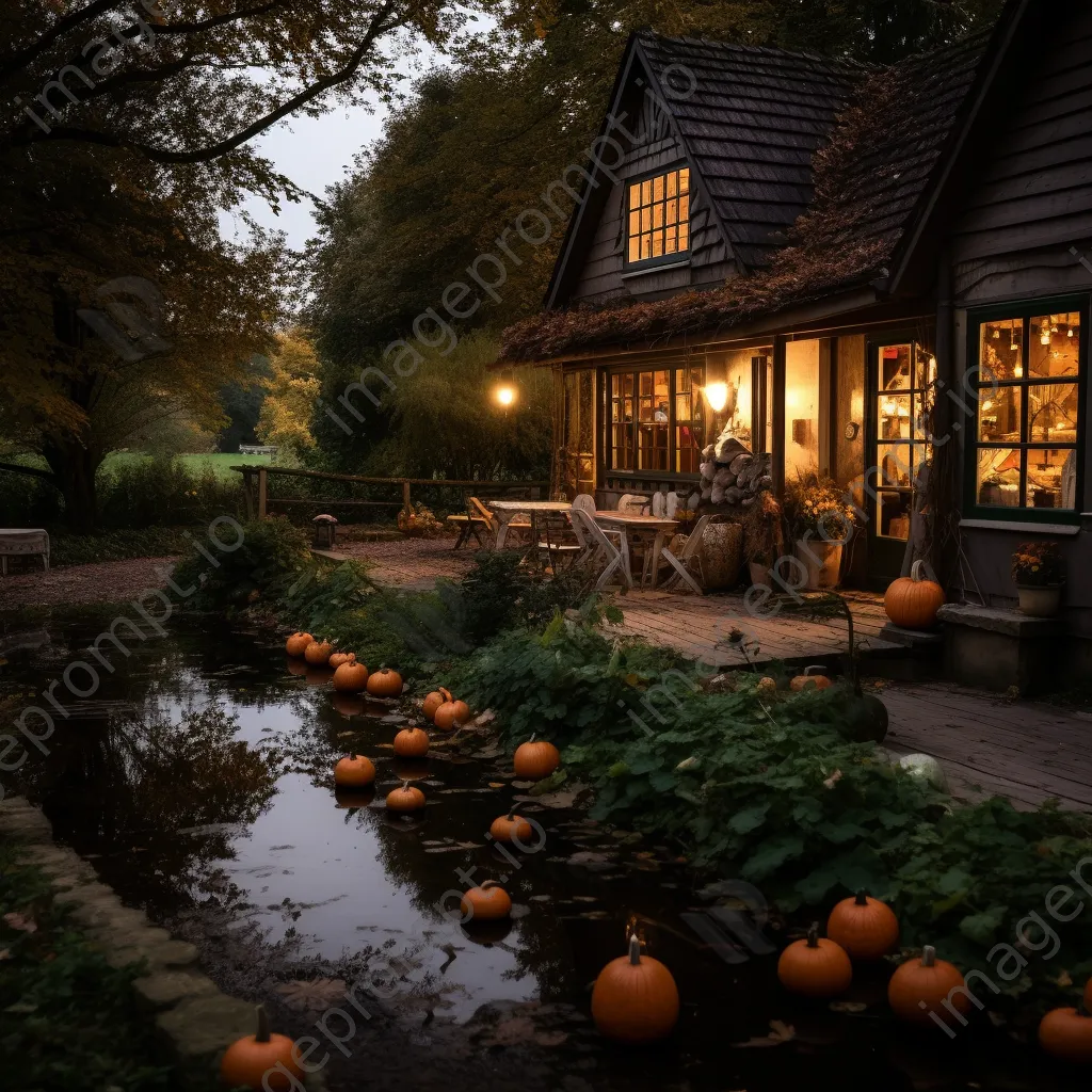 Watermill with pumpkins at sunset - Image 3