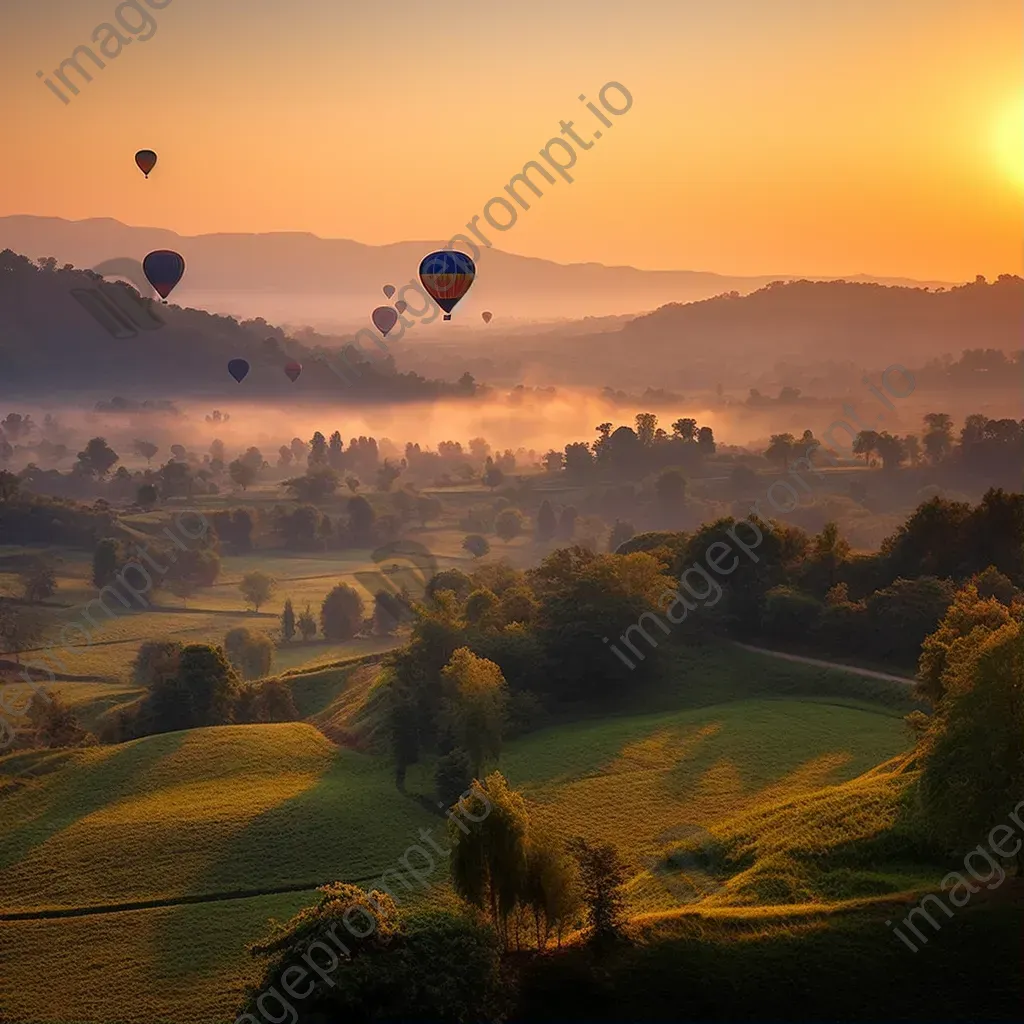 Hot air balloons floating over a green valley during sunset - Image 1