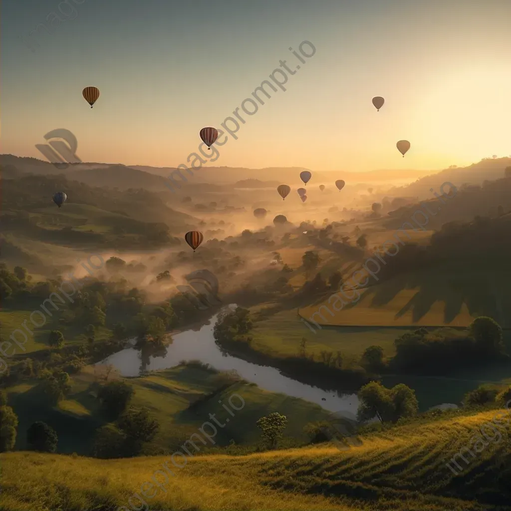 Hot air balloons floating over a green valley during sunset - Image 2