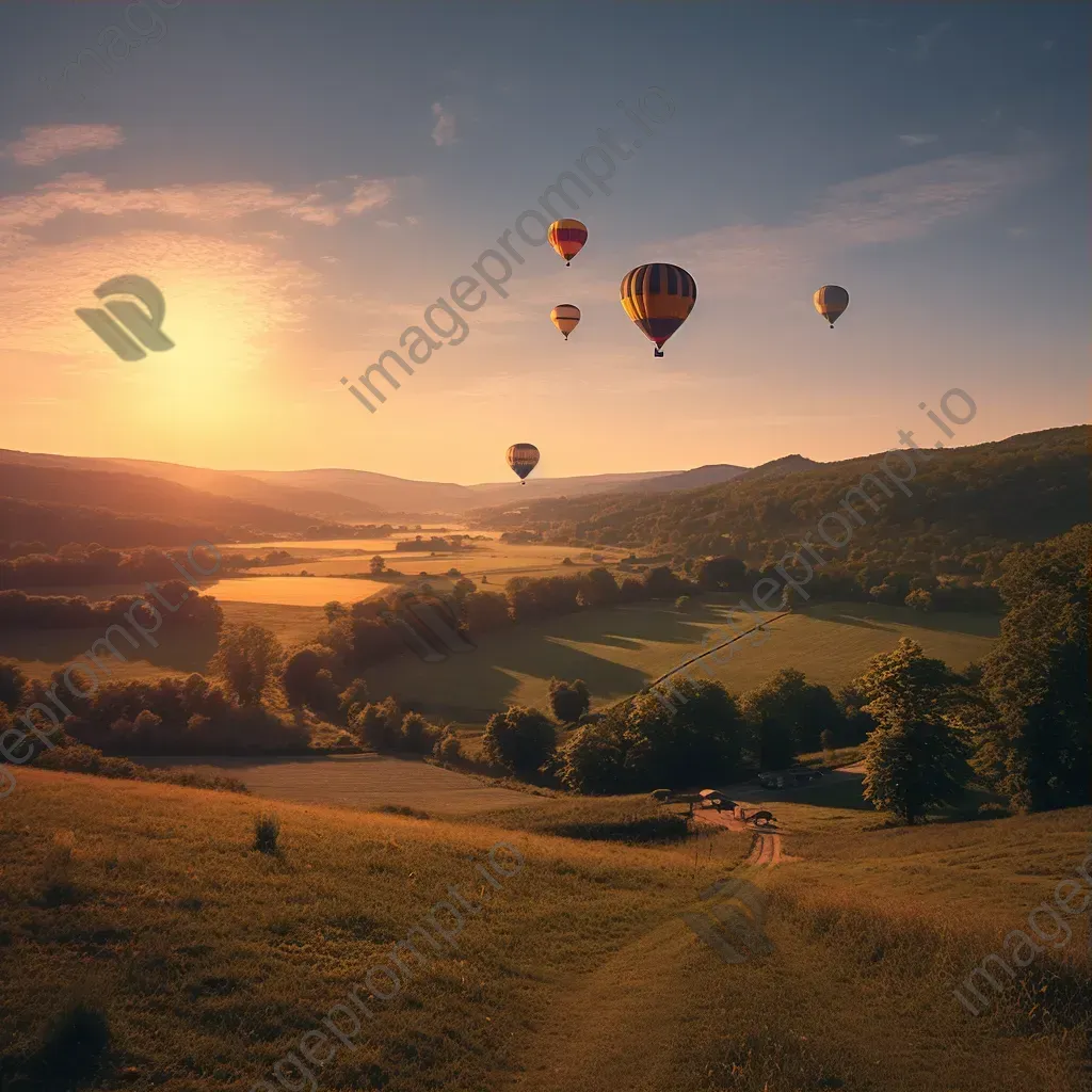 Hot air balloons floating over a green valley during sunset - Image 3